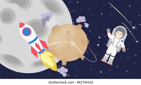 Astronaut floating in cosmos. Space travel. Earth and Moon and rocket. Happy smiling man in space suit.