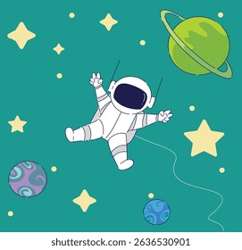 An Astronaut Floating Freely in Space Surrounded by Colorful Planets and Shining Stars