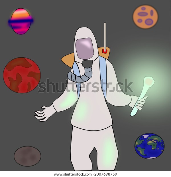 an astronaut floating in the\
galaxy behind him there are some very nice and interesting\
planets