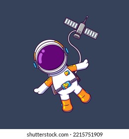 The astronaut is floating in galaxy and using a satellite in the sky of illustration