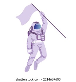 Astronaut floating and holding flag. Vector illustration in cartoon style. Isolated on white background.