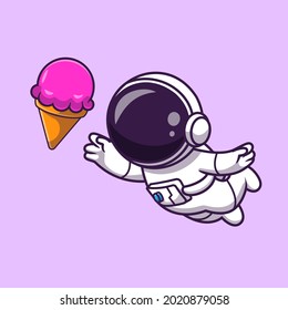 Astronaut Floating with Ice Cream Cartoon Vector Icon Illustration. Science Food Icon Concept Isolated Premium Vector. Flat Cartoon Style