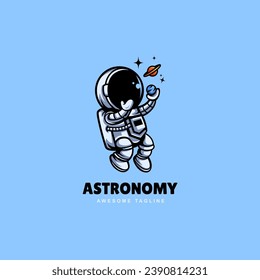 Astronaut Floating with moon, planet orbit Cartoon Vector logo Icon design Illustration for astronomy Science Technology logo template