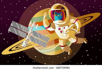 astronaut floating near a space station near saturn rings