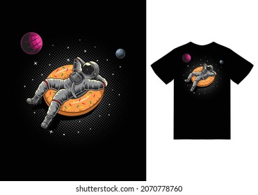 Astronaut, der auf der Raumfahrt treibt, Donut Ballongrafik mit T-Shirt Design Premium Vektor das Konzept der isolierten Technologie. Flachkartoon-Stil geeignet für Landing-Webseiten, Banner, Flyer