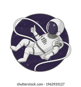 Astronaut floating on a tether in space. Thumbs up gesture. Cartoon illustration. Sign, poster, badge, sticker design. Vector.