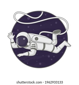 Astronaut floating on a tether in space waving. Vector. Cartoon illustration. Sign, poster, badge, sticker design.
