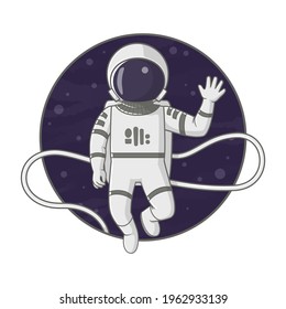 Astronaut floating on a tether in space waving. Cartoon illustration. Sign, poster, badge, sticker design. Vector.