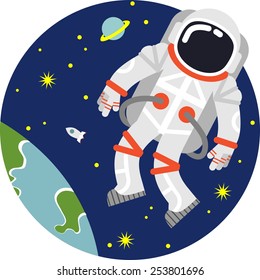 Astronaut floating in open space on planet and stars background