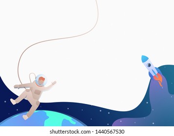 Astronaut floating in open space and rocket. Spacesuit, flight, exploration concept. Vector illustration can be used for topics like astronomy, science, universe