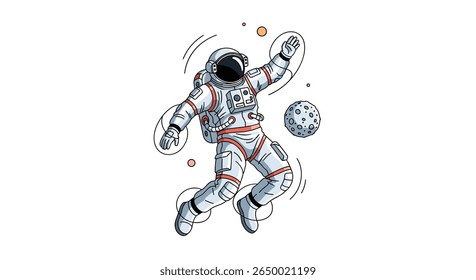 Astronaut floating in outer space with celestial bodies nearby enjoying the weightlessness of the universe exploration
