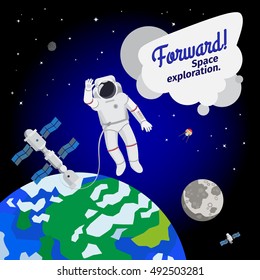 Astronaut floating in outer space with the earth and spaceship vector illustration