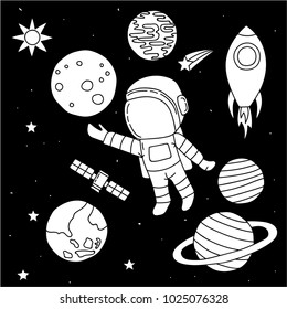 Astronaut floating in outer space, set of planet, Earth, orbits, rocket, satellite, stars, ufo, meteorite. Cosmos. Vector illustration. Cartoon icons.