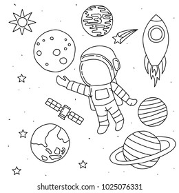 Astronaut floating in outer space, set of planet, Earth, orbits, rocket, satellite, stars, ufo, meteorite. Cosmos. Vector illustration. Cartoon icons.