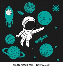 Astronaut floating in outer space, set of planet, Earth, orbits, rocket, satellite, stars, ufo, meteorite. Cosmos. Vector illustration. Cartoon icons.