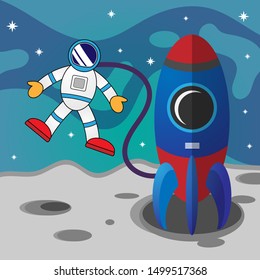 Astronaut floating in outer space, set of planet, Earth, moon, orbits, rocket, stars. Cosmos. Vector illustration. Cartoon icons.