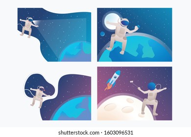 Astronaut floating in outer space set. Planet, rocket, taking selfie. Flat vector illustrations. Cosmos, exploration concept for banner, website design or landing web page