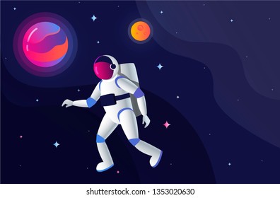 Astronaut floating in outer space. Stars and planets on the background.  man in spacesuite. interstellar travels, universe and distant galaxies.  Trendy stock vector illustration.  Human spaceflight