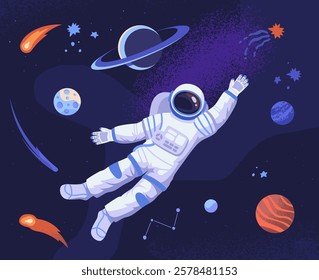 Astronaut floating in outer space surrounded by planets, stars, and cosmic elements. Flat style on a dark background. Concept of space exploration. Vector illustration