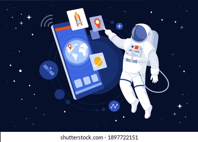 Astronaut floating in outer space and using GPS navigation on his smartphone