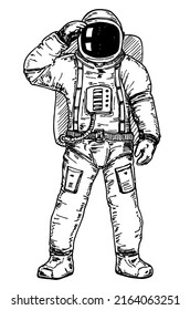 Astronaut floating in the outer space wearing space suit. Astronaut man, cosmonaut, spaceman sketch. Isolated space vector illustration.   