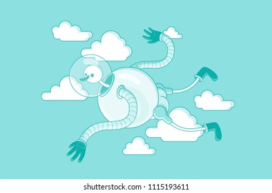 Astronaut floating over clouds.