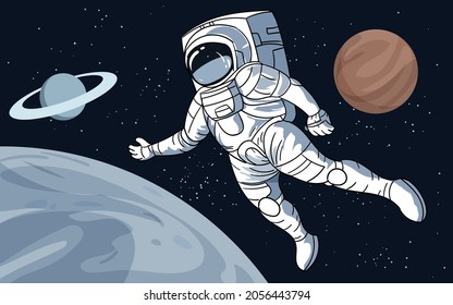 Astronaut floating over moon with planets and stars