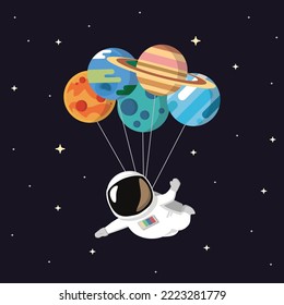 Astronaut Floating With Planet Balloons Cartoon Vector Icon Illustration. Isolated Premium Vector.