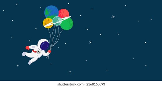 Astronaut floating with planets like balloons in cute flat cartoon style. Colorful vector illustration for baby boy, kids birthday party invitation card design, copy space for your text.