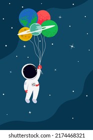 Astronaut floating with planets like balloons in cute flat cartoon style. Vector illustration for kids birthday party 5x7 invitation card design, poster, cover, copy space for your text.