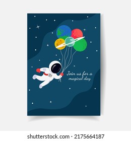 Astronaut floating with planets like balloons in cute flat cartoon style. Vector illustration template for kids birthday party 5x7 invitation card design, poster, copy space for your text.