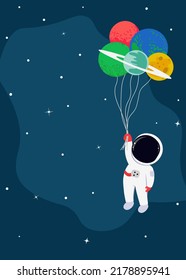 Astronaut schwimmt mit Planeten wie Ballons im süßen, flachen Cartoon-Stil. Vektorgrafik für Kinder Geburtstagsfeier 5x7 Einladungskarte Design, Banner, Cover, Stoff, Poster, Kopienraum für Ihren Text.