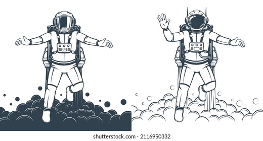Astronaut floating - retro print. Spaceman flying in spacesuit with jetpack. Vintage cosmonaut. Vector illustration