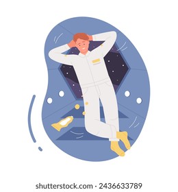 Astronaut floating in rocket. Relaxed astronaut in spacecraft, food for astronauts cartoon vector illustration