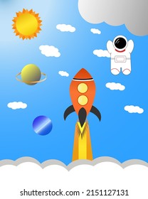 astronaut floating in the sky surrounded by planet saturn, rocket launch in sky flying past planet neptune, blue 3d background