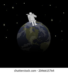 Astronaut floating in space above planet Earth 