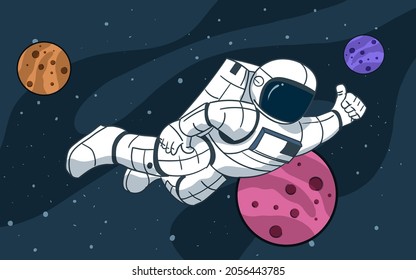 Astronaut floating in space illustration with planets
