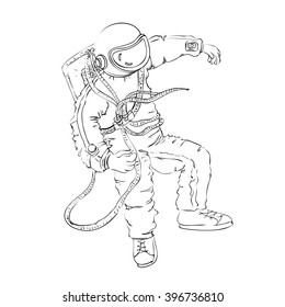 astronaut floating in space - the logo is made in a cartoon style outline, isolated on white background. 