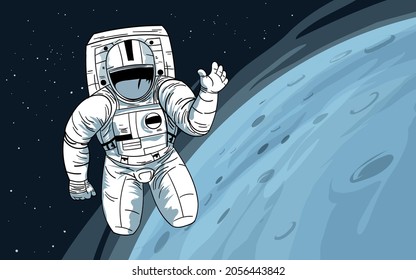 Astronaut floating in space with moon