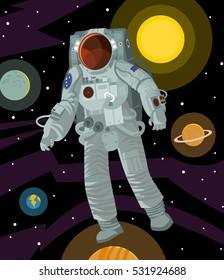 astronaut floating in the space near planets from solar system and sun