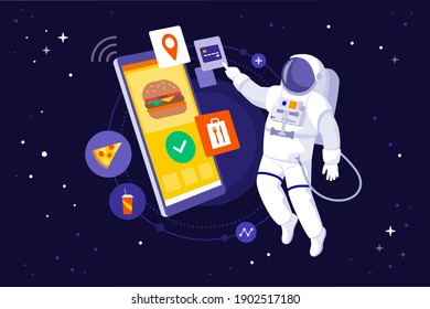 Astronaut Floating In Space And Ordering Fast Food Using A Huge Smartphone