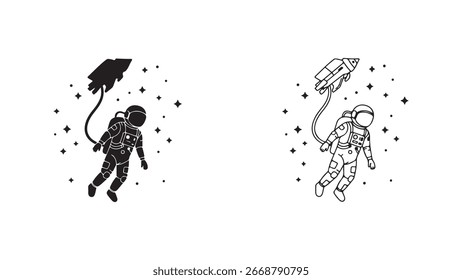 Astronauta flutuando no espaço com paraquedas e jetpack