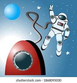 An astronaut floating in the space posing peace sign with one hand. Blue planet and stars can be seen on the background. 