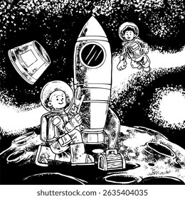 An astronaut floating in space repairing a rocket, futuristic space exploration concept with tools and stars.