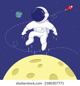 astronaut floating in space with rocket and earth