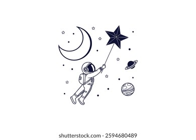 astronaut floating in space silhouette line art vector illustration