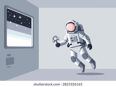 Astronaut Floating in Space Station Looking Through Window Flat Vector
