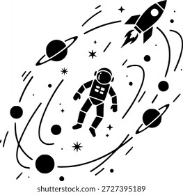 Astronaut, der im Raum schwebt, umgeben von Planeten, Sternen und einer Rakete