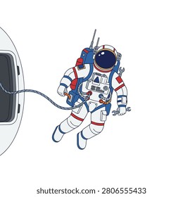 Astronaut floating in space tethered to spacecraft for repairs. Cartoon illustration of an astronaut tethered to a ship holding a wrench. Bold lines and vibrant colors on white. Ideal for science education or tech articles.