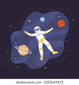 Astronaut floating in space without gravity vector illustration. Cartoon lost spaceman in helmet and spacesuit flying to discovery space, unusual mission and journey of cosmonaut in solar system